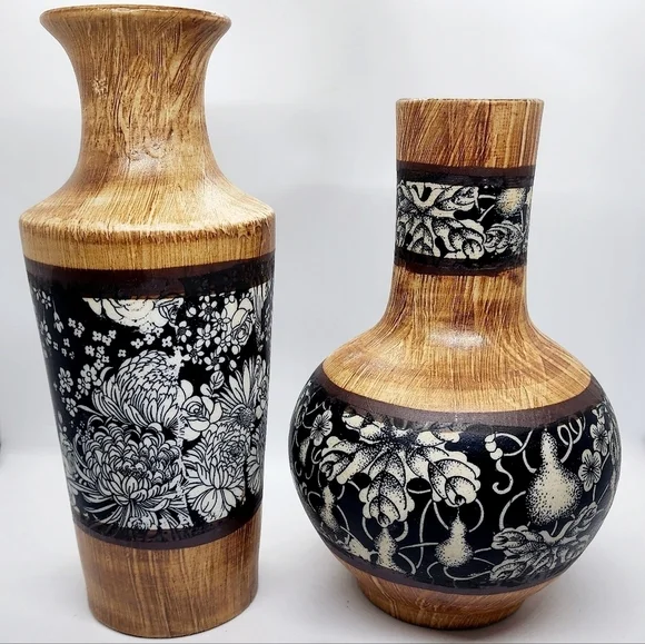Vintage Antique Japanese Ice Plum Gourd Guanyin Imitation Wood Vase Set