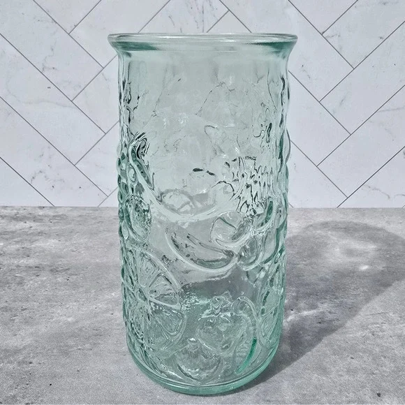 Vintage Made in Italy Green Glass Fruit Embossed Vase Carafe Grapes Citrus