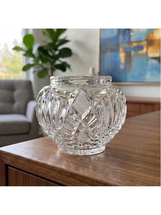Vintage Pressed Glass Rose Bowl Small Squat Vase Hobstar & Crosshatch Pattern