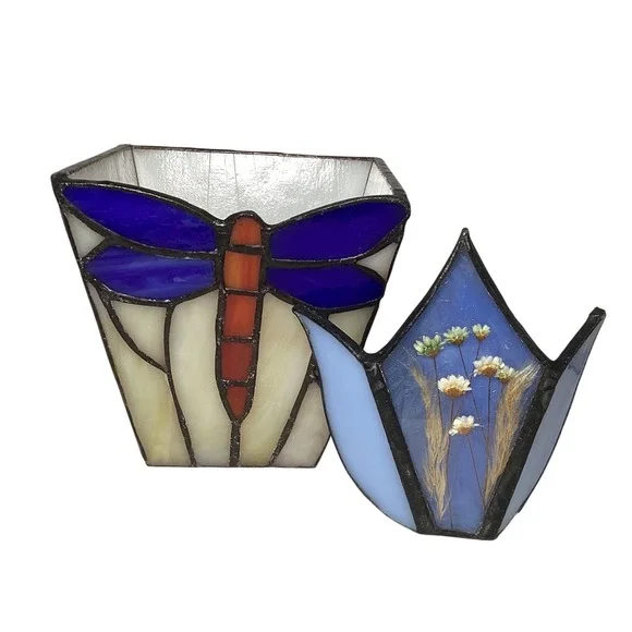 Handmade Stained Glass Dragonfly Holder and Pressed Flower Tulip Set Blue White