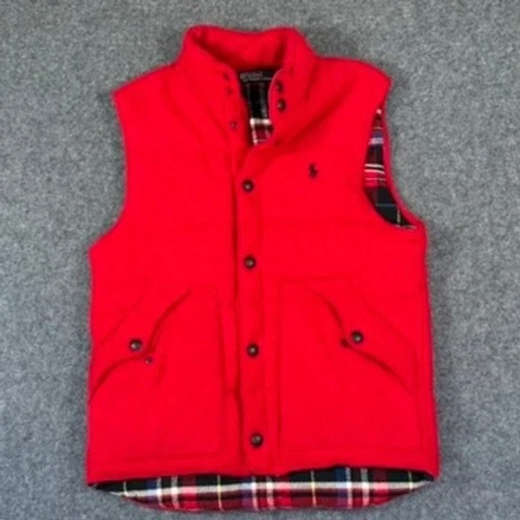 Polo Ralph Lauren Mens Red Quilted Puffer Vest Plaid Lining Snap Front Small