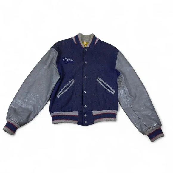 Vintage Unbranded Varsity Letterman Jacket Mens M Navy Blue‎ Grey Leather 70s 76