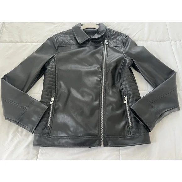 Art Class Girls Moto Jacket Black Faux Leather Full Zip Collared Pockets Size XL