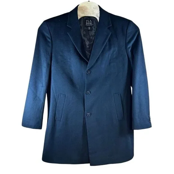 Jos A Bank 42R Large Black Wool Blend Executive Button Front Overcoat Coat