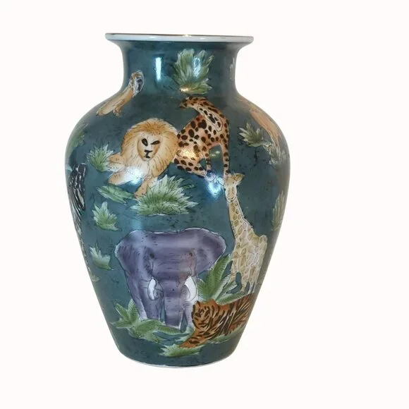 Vintage Hand-Painted Green Ceramic Vase With African Wildlife Safari Animals