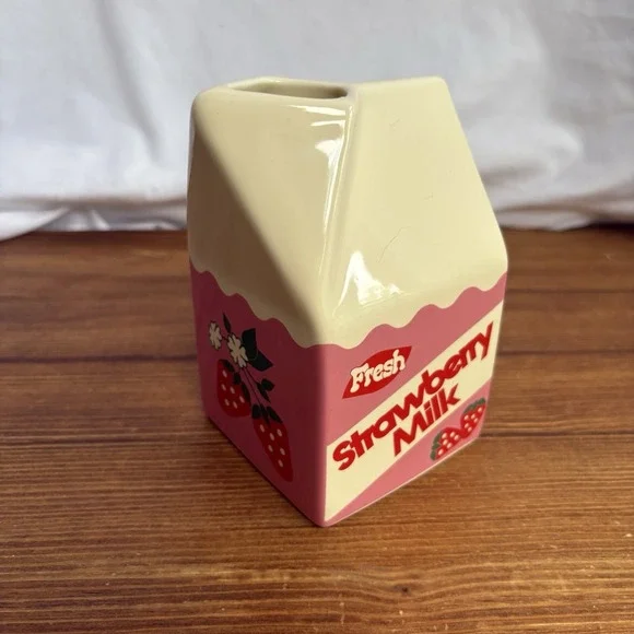 ban.do Strawberry Milk Carton Ceramic Vase Pink Kawaii Desk Decor Holder