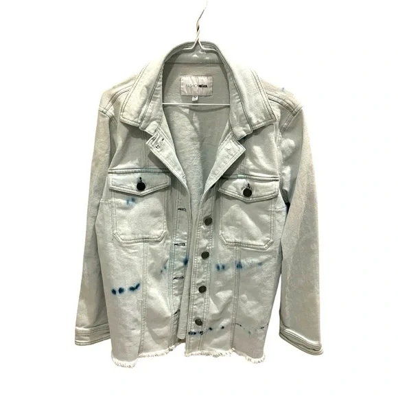 Fashion Nova Men Denim Jacket Light Wash Blue Splatter Size Medium