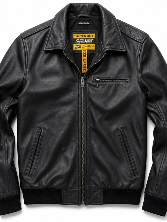 Superdry Super Speed Leather Jacket Black Italian Leather Moto Slim Fit Sz L