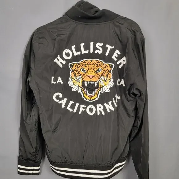 Hollister Tiger Embroidered Hooded Bomber Jacket Varsity Black