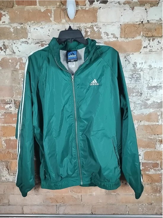 Vintage Adidas Windbreaker Jacket Mens M Green Hooded Full Zip 3 Stripe Track