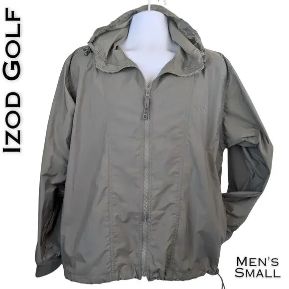 IZOD Golf Mens Windbreaker Jacket Large Green Hooded Multi Pocket Lightweight