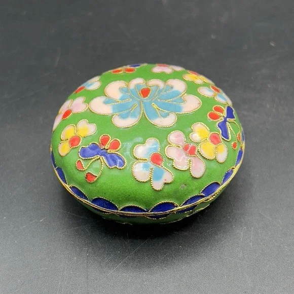 VTG Cloisonne Enamel Trinket Dish with Lid Raised Flowers Round 2