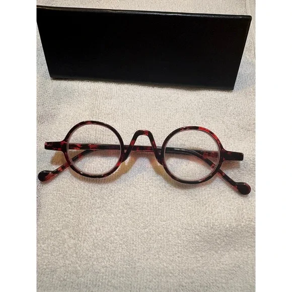Vintage Style Round Tortoise Shell Glasses Red Black Circular Frames with Case
