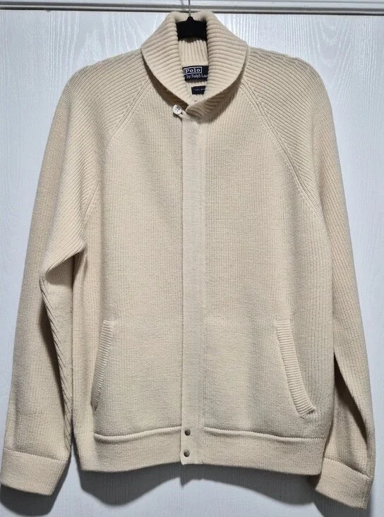 Vintage Polo by Ralph Lauren Men Cream 100% Wool Shawl Collar Knit Jacket Size M