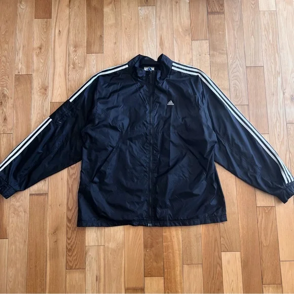 Vintage Adidas Mens Black Windbreaker Full Zip Front Nylon‎ Jacket Size XXL