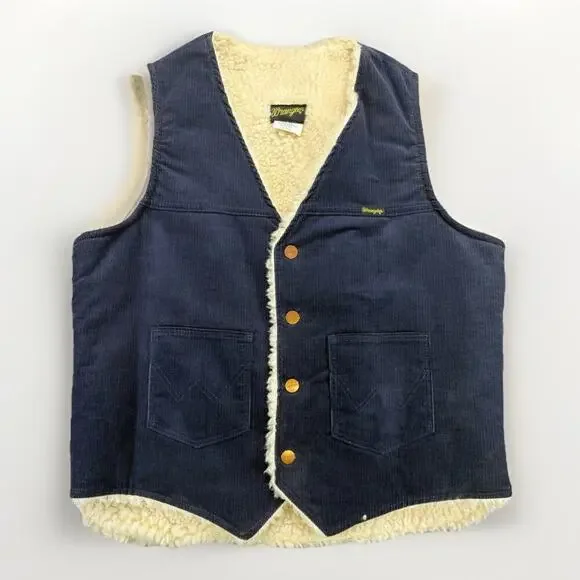 Vintage 80’s Wrangler Sherpa Lined Blue Corduroy Vest Men’s Large USA Made