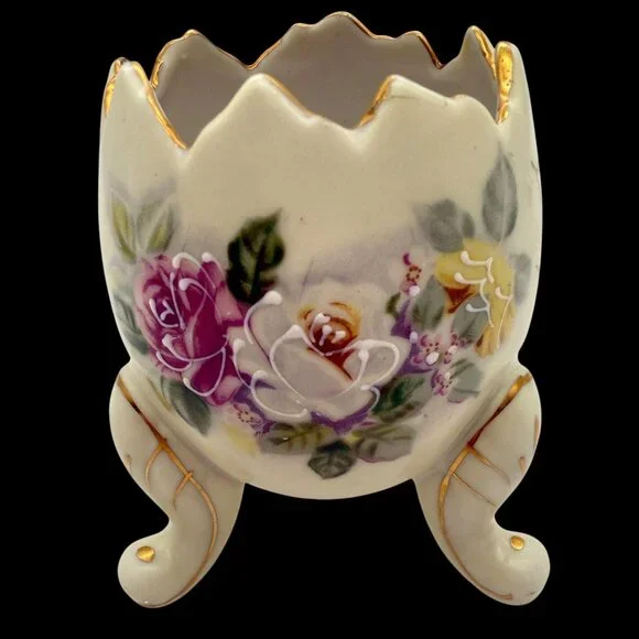 INARCO Broken Egg Planter Footed Vase Vtg 60s Hand Painted Roses Easter Spring