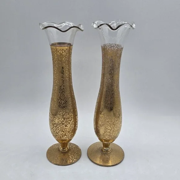 Vintage‎ Beautiful Bud Glass Vase Gold Floral Patterns Hollywood Regency