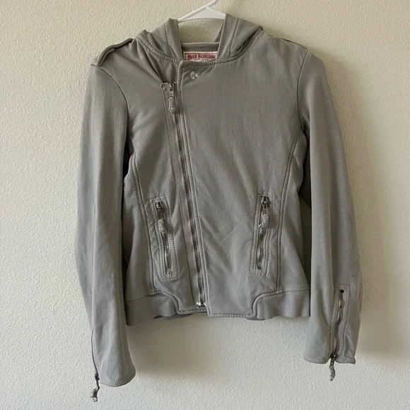 True Religion Girls Light Gray Biker Moto Style Hoodie Jacket SZ XL