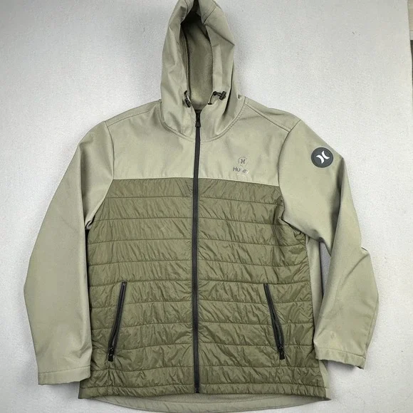 Hurley Softshell Fleece Lined Hooded Jacket Mens XL Olive Green Full Zip