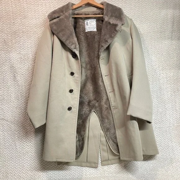 Vintage Mens London Fog Tan Trench Coat Faux Fur Collar Size 42 Reg‎