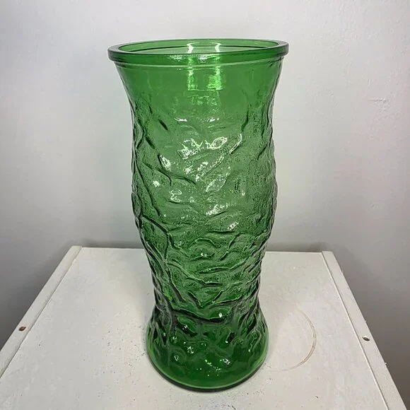 Hoosier Green Glass Vase Crinkled Textured 9.5