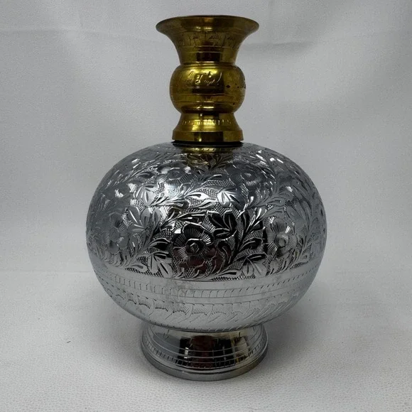Vintage Indian Brass Silver-Tone Engraved Vase 2-Piece Floral Globe 8.5in Decor