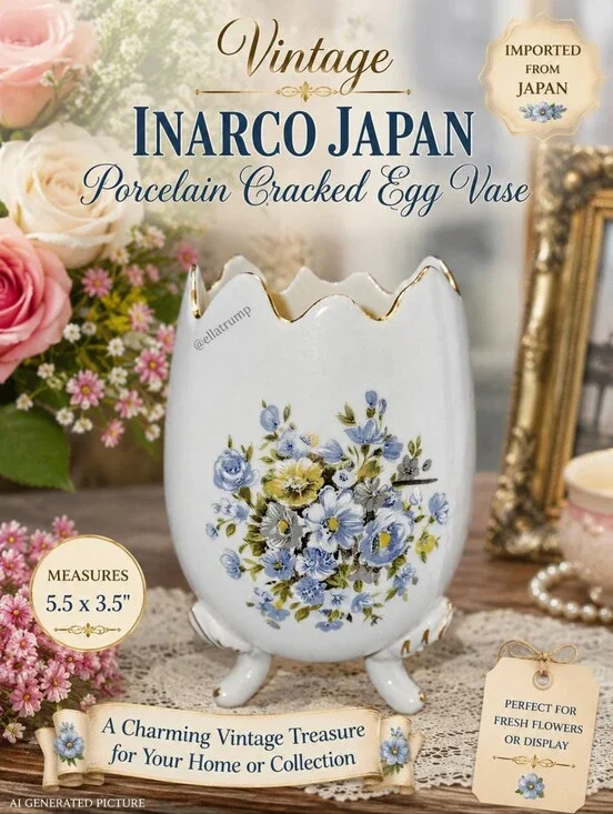 Vintage Blue Inarco Japan Porcelain Cracked Egg Vase 5.5