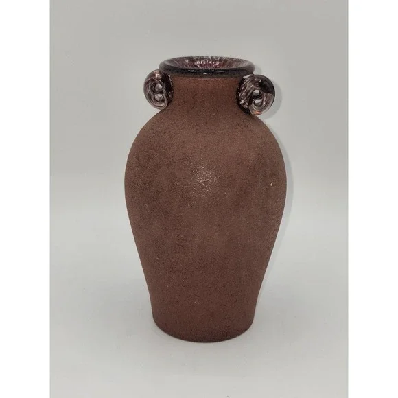 Vintage Art Glass Amphora Vase Brown Satin Finish Applied Scroll Handles