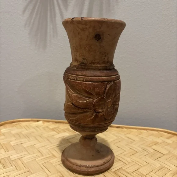 Wooden Hand Carved Vase Floral Vintage 9