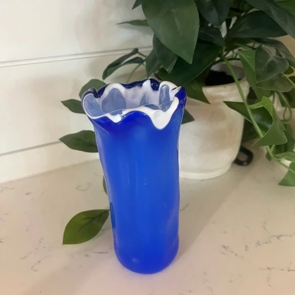 Vintage Hand Blown Glass Vase. 5.5”T Cobalt Blue | White | Ruffled Lid