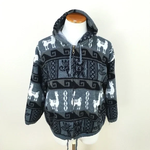 Tejidos Ruminahw‎ Alpacas Aztec Hooded Jacket Gray Black Men’s Small