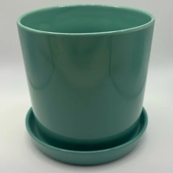 Turquoise Aqua Green Planter Pot with Saucer Porcelain Glossy 5” y2K Modern