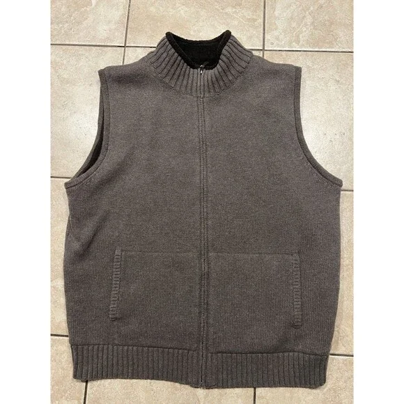 LL Bean Sweater Vest Mens Large Waterfowl Full Zip Lambs Wool Blend Pockets