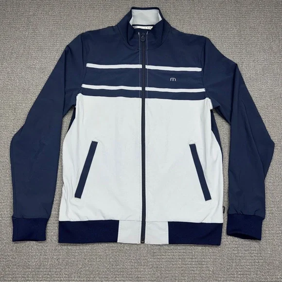 TravisMathew Mens Full Zip Track Jacket‎ Navy Grey Striped Performance Size M