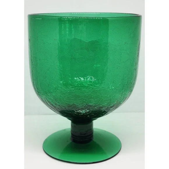 Vintage Hand Blown Emerald Green Crackle Glass Footed Pedestal‎ Vase 6.25 In