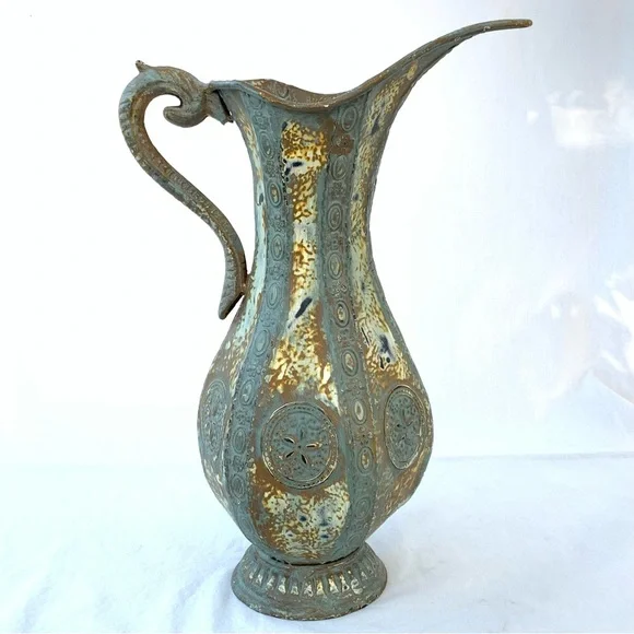 Rustic Textured Intricate Pattern Metal Footed Decorative Pitcher Vase