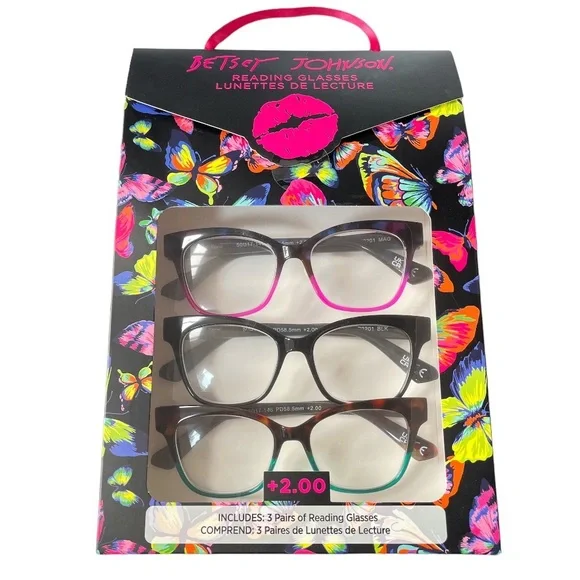 Betsey Johnson 3 Pack Reading Glasses Multi Color Strength +2.00