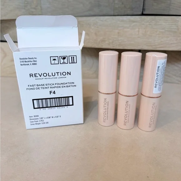 Makeup Revolution Fast Base Stick Foundation in shade‎ F4. Comes in a set of 3.