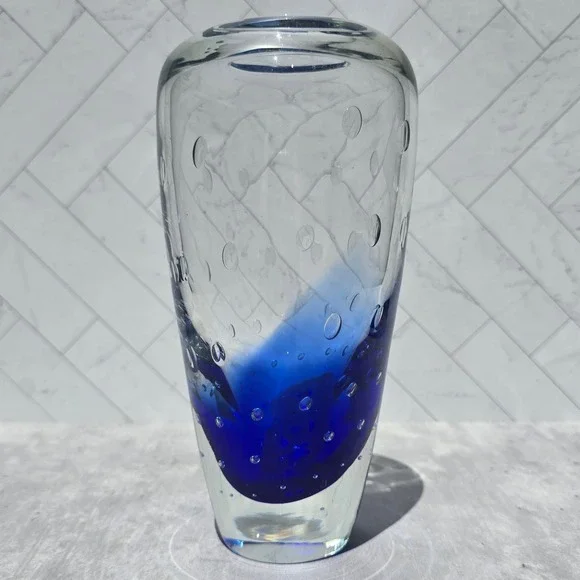 Cobalt Blue Controlled Bubble Art Glass Vase Heavy Clear Glass Bullicante 8in