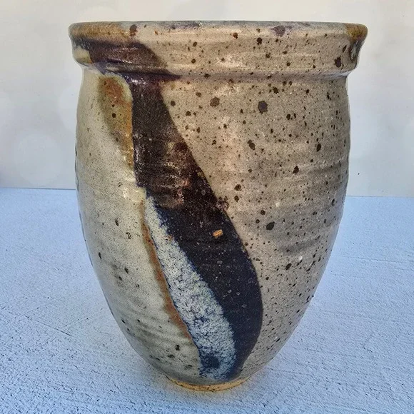 Studio MCM Pottery Hand Thrown Speckled Glaze Vase Abstract Indigo Ochre Signed