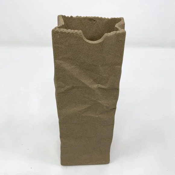 Unique Brown Paper Bag Narrow Ceramic Bud Vase Crinkle Pop Art Shabby Chic