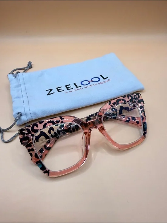 Zeelool Pink Leopard Square Frame Glasses, No prescription