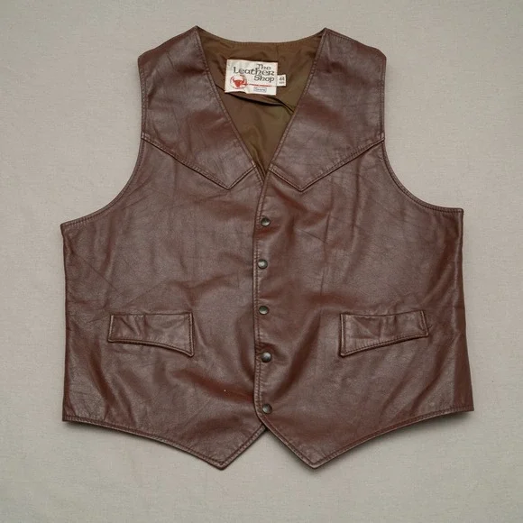 Vintage 70s 80s Sears Leather Shop Dark Brown Leather Vest 44 Reg Cowboy Western
