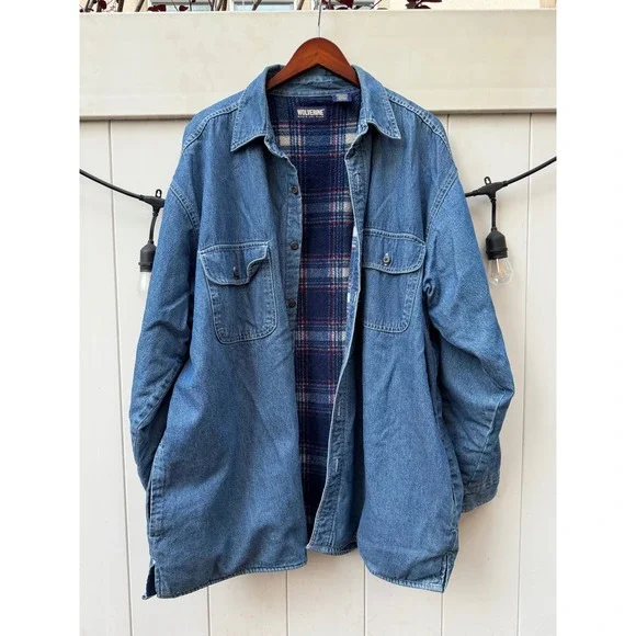 Wolverine Mens XL Denim Shirt Jacket Fleece Lined Plaid Blue Cotton Workwear