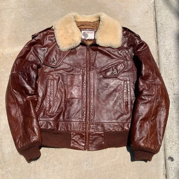 Vintage 1970s Silton brown leather flight jacket w/ sherpa collar - size 42 mens