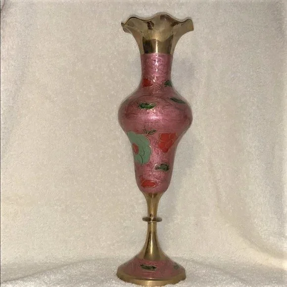 Bronze Pink Green Red Painted Flower Design Vase 11.50’ High