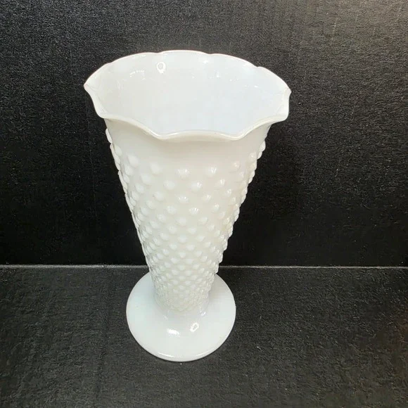 Hobnail Milk Glass Vase Scalloped Trumpet 9 Inch White Vintage Pedestal