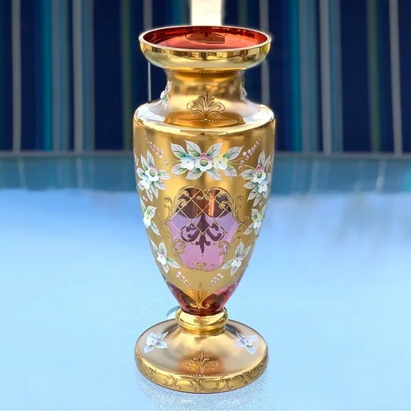 Crystalex Bohemian Czechoslovakian Ruby Red and Gold Vintage Vase