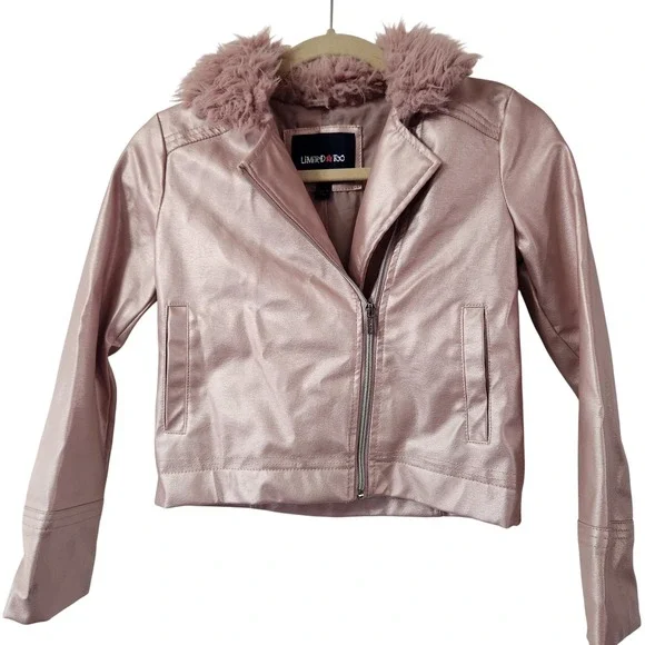 Limited Too metallic pink moto‎ zip with faux fur collar Kids 10/12 Jacket